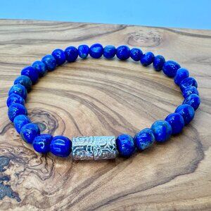 Sterling Silver Lapis Lazuli Beaded Bracelet – Magnetic Clasp – 6.5"